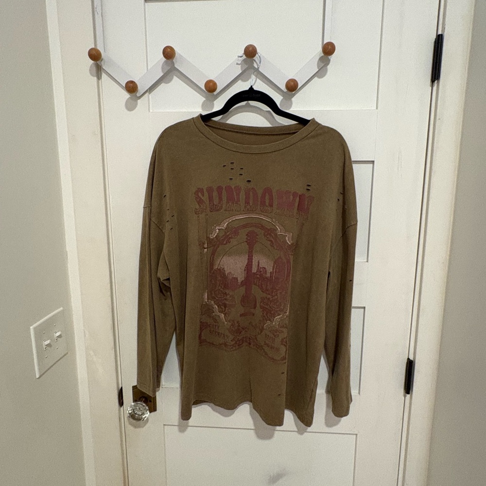 Urban Outfitters Olive Green Long Sleeve Graphic Tee with Faded Maroon Print